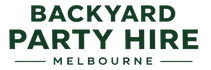 Text reading 'BACKYARD PARTY HIRE' in dark green, with 'MELBOURNE' below and thin horizontal lines on either side, on a light gray background.